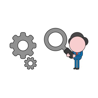 Vektör illüstrasyon kavramı işadamı karakter holding Büyüteç Gears. Renk ve siyah anahatlar.