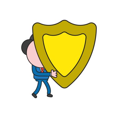 Vektör illüstrasyon kavramı koruma kalkanı taşıyan işadamı karakter. Renk ve siyah anahatlar.