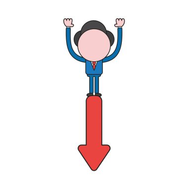 Vektör işadamı karakter ayakta ok aşağı hareket illüstrasyon kavramı. Renk ve siyah anahatlar.