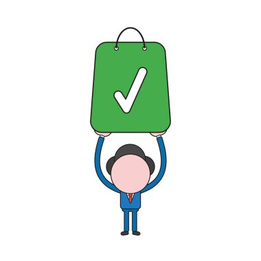 Vektör illüstrasyon kavramı işadamı karakterinin alışveriş çantası onay işareti ile gidiyor. Renk ve siyah anahatlar.