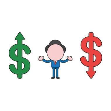 İllüstrasyon kavramı doları sembolleri ve yukarı, okları arasındaki işadamı karakterinin aşağı vektör. Renk ve siyah anahatlar.