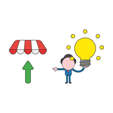 Vektör illüstrasyon parlayan ampul ve işaret eden ok store tente altında tutan işadamı karakter kavramı. Renk ve siyah anahatlar.