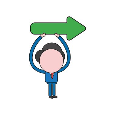 Vektör çizim yukarı ok sağ işaret tutan işadamı karakter kavramı. Renk ve siyah anahatlar.