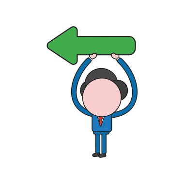 Vektör çizim ok sol yukarı dönük tutan işadamı karakter kavramı. Renk ve siyah anahatlar.