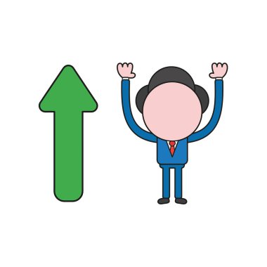 Ok yukarı hareket ile işadamı karakterinin vektör illüstrasyon kavramı. Renk ve siyah anahatlar.