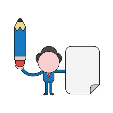 Vektör çizim kalem ve boş kağıt tutan işadamı karakter kavramı. Renk ve siyah anahatlar.