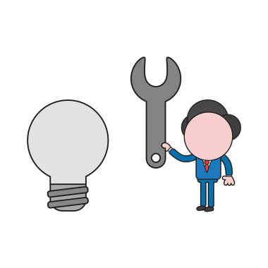 İşadamı karakter holding anahtar ampul için vektör illüstrasyon kavramı. Renk ve siyah anahatlar.