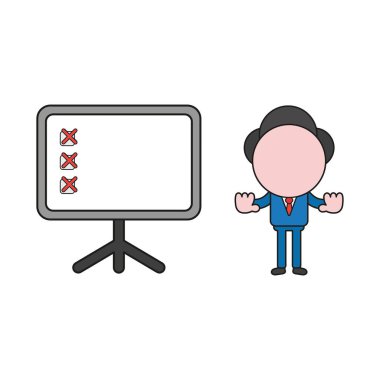 Vektör illüstrasyon kavramı işadamı karakter x işareti ve el dur hareketi gösterilen ve sunum grafik ile. Renk ve siyah anahatlar.