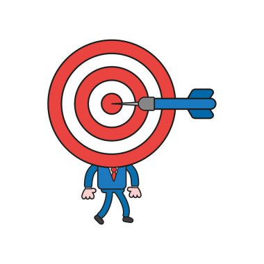 Vektör illüstrasyon kavramı boğalar göz kafa ile işadamı karakterinin, dart ortasında ve yürüme. Renk ve siyah anahatlar.