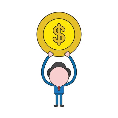 Vektör çizim Doları para kadar tutan işadamı karakter kavramı. Renk ve siyah anahatlar.