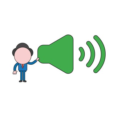 Vektör illüstrasyon kavramı işadamı karakter sembolü ses tutuyor. Renk ve siyah anahatlar.