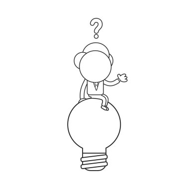 Vektör çizim ampul üzerinde oturan karışık işadamı karakter kavramı. Siyah anahat.