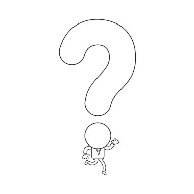 Vektör çizim soru işareti kafa ile çalışan işadamı karakter kavramı. Siyah anahat.