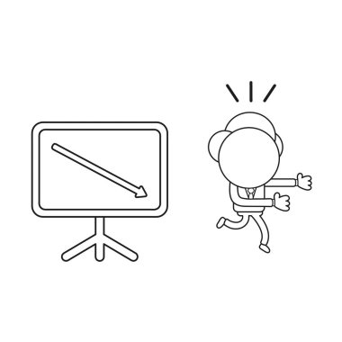 Vektör çizim satış grafiği ok aşağı hareket uzak çalışan işadamı karakter kavramı. Siyah anahat.