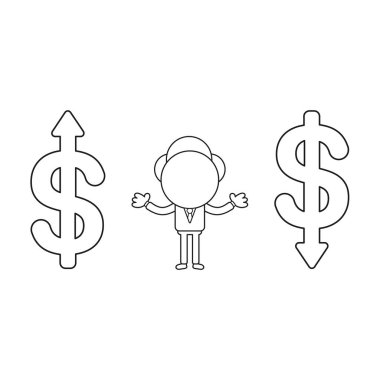 İllüstrasyon kavramı doları sembolleri ve yukarı, okları arasındaki işadamı karakterinin aşağı vektör. Siyah anahat.