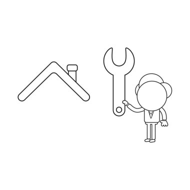 İşadamı karakter holding anahtar evin çatı için vektör illüstrasyon kavramı. Siyah anahat.
