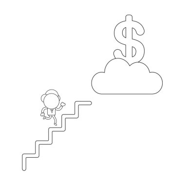 Merdivenlerde çalışan işadamı karakter kavramı illüstrasyon vektör ve bulut doları sembolü ulaşmak. Siyah anahat.