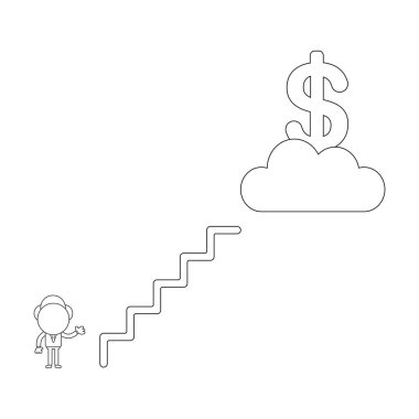 Vektör illüstrasyon kavramı işadamı karakterinin ulaşmak merdiven bulutla doları sembolü.