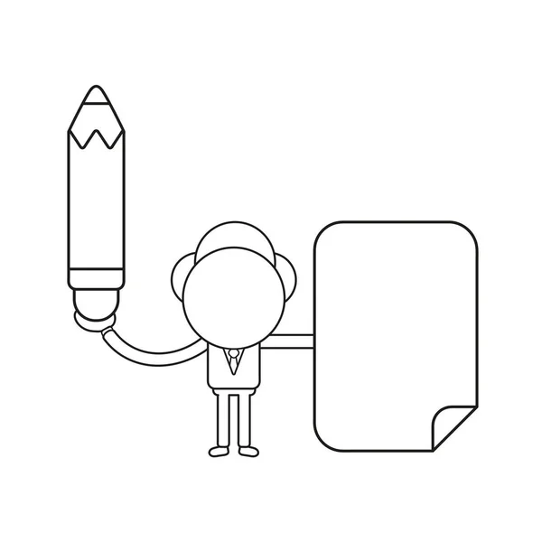 Illustration Vectorielle Personnage Homme Affaires Tenant Crayon Papier Blanc Contour — Image vectorielle