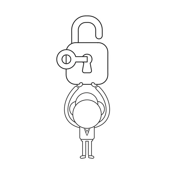Vector Illustration Concept Businessman Character Holding Opened Padlock Key Black — Stock Vector