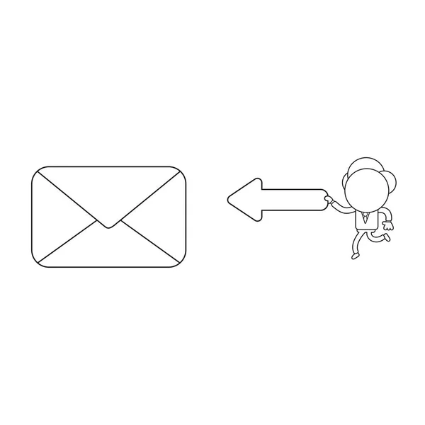 閉じた封筒と矢印が左を指しているを運ぶビジネスマン文字のベクター イラスト概念 黒のアウトライン — ストックベクタ