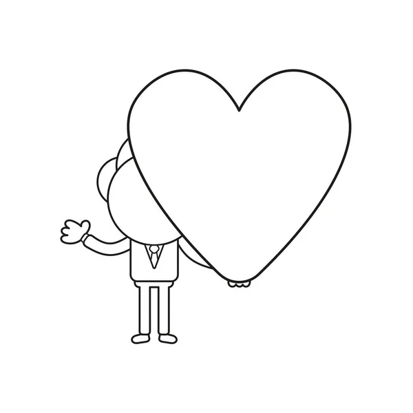 Vektor Illustration Begreppet Affärsman Karaktär Håller Hjärtat Svart Kontur — Stock vektor