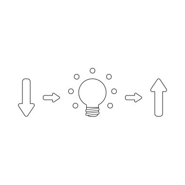 Vektör çizim simgesini kavramı aşağı ok, ampul fikir ve yukarı ok. Siyah anahatlar.