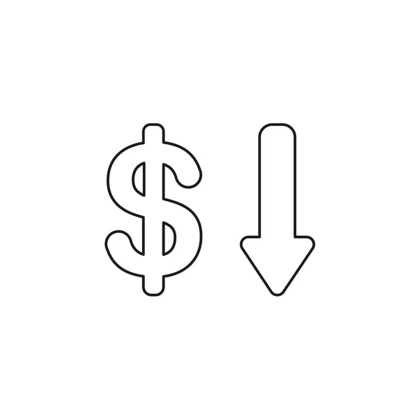 Icône Illustration Vectorielle Concept Dollar Avec Flèche Descendant Contours Noirs — Image vectorielle