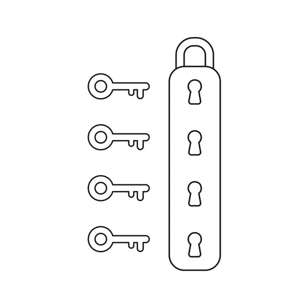 矢量插图图标图标的挂锁与四个钥匙孔和键 黑色轮廓 — 图库矢量图片