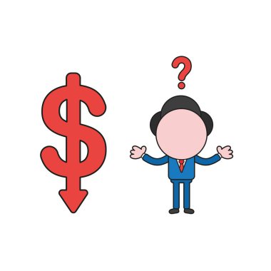 Vektör çizim işadamı karakter doları sembol aşağı hareket ile karışık. Renk ve siyah anahatlar.