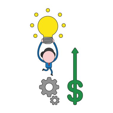 Vector illustration businessman character running on gears, holding up glowing light bulb and dollar moving up. Color and black outlines.