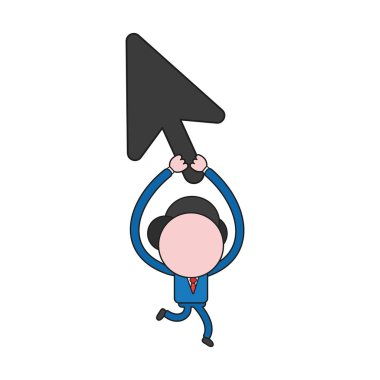 Çalışan ve yukarı fare imleç simgesi tutan vektör çizim işadamı karakter. Renk ve siyah anahatlar.