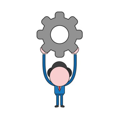 Vektör çizim işadamı karakter vites tutarak. Renk ve siyah anahatlar.