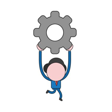 Çalışan ve dişli simgesini taşıyan vektör çizim işadamı karakter. Renk ve siyah anahatlar.