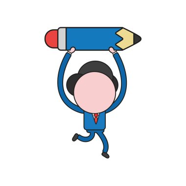 Çalışan ve kurşun kalem simgesini taşıyan vektör çizim işadamı karakter. Renk ve siyah anahatlar.