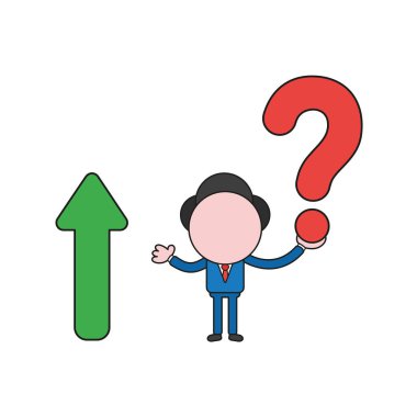 Vector illustration businessman character holding question mark with arrow moving up. Color and black outlines.
