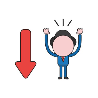 Vektör çizim işadamı karakter ok aşağı hareket ile. Renk ve siyah anahatlar.