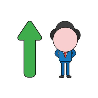 Vektör çizim işadamı karakter yukarı hareket ok ile. Renk ve siyah anahatlar.