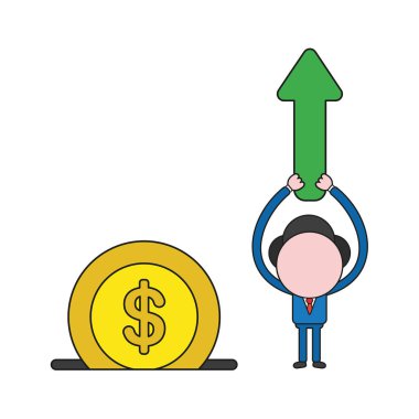 Vektör çizim işadamı karakter ok kadar hareketli ve doları para sikke servet deliğe gidiyor. Renk ve siyah anahatlar.