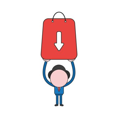 Vector illustration businessman character holding up shopping bag with arrow moving down. Color and black outlines.