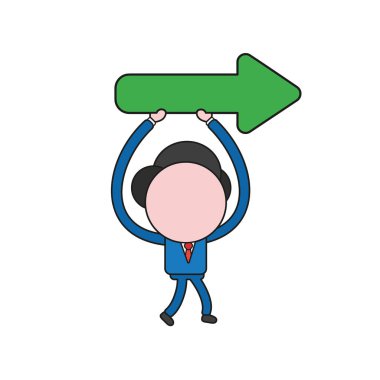 Vektör illüstrasyon işadamı karakter yürüme ve doğru şekilde gösteren ok tutarak. Renk ve siyah anahatlar.