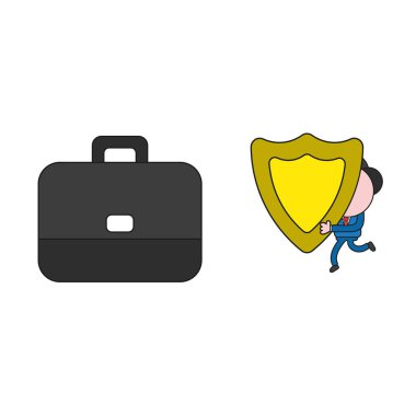 Vektör çizim işadamı karakter çalışması ve taşıma güvenlik görevlisi evrak çantası'na kalkan. Renk ve siyah anahatlar.