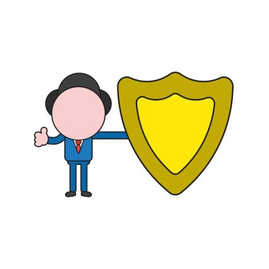 Vektör çizim işadamı karakter koruma kalkanı tutarak ve Yaşasın vererek. Renk ve siyah anahatlar.