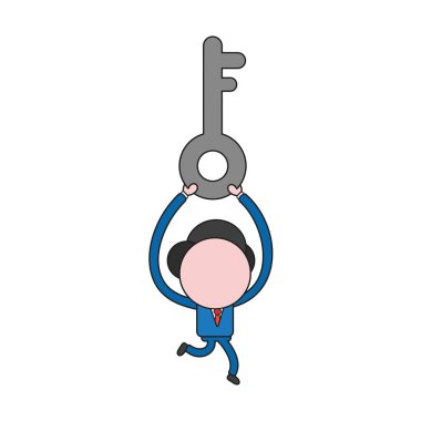 Vektör illüstrasyon işadamı karakter çalışan ve gri anahtar simgesi taşıyan. Renk ve siyah anahatlar.