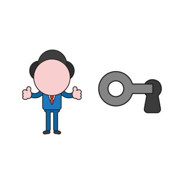 Vektör çizim işadamı karakter unlock anahtar ve başparmak göstermek yukarıya. Renk ve siyah anahatlar.