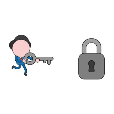 Vektör çizim işadamı karakter çalıştıran ve asma kilit açmak için tuşuna basılı tutarak. Renk ve siyah anahatlar.