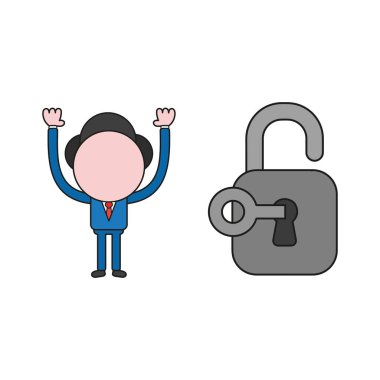 Vektör illüstrasyon işadamı karakter anahtar ile asma kilit kilidini. Renk ve siyah anahatlar.