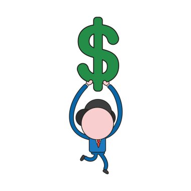 Çalışan ve doları sembolü holding vektör illüstrasyon iş adamı karakteri. Renk ve siyah anahatlar.