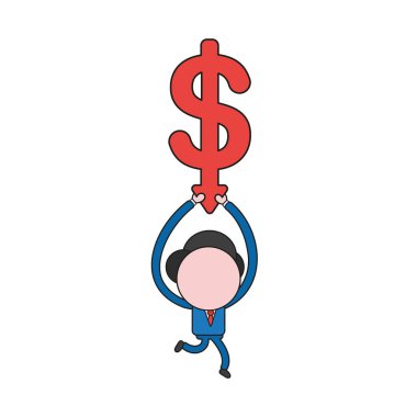 Vektör illüstrasyon işadamı karakter çalışan ve ok aşağı hareket ile dolar sembolü tutarak. Renk ve siyah anahatlar.