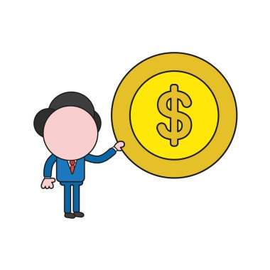 Vektör illüstrasyon işadamı karakter Doları para madeni para tutuyor. Renk ve siyah anahatlar.